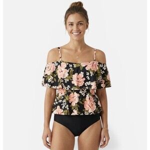 NWT Kona Sol Tankini Black Pink Rose Floral Swimsuit Ruffle Top Women’s Size M
